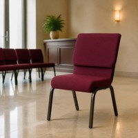 Chaise d'église avec assise épaisse de 4 pouces en tissu bordeaux, empilable, pour projets religieux et approvisionnement en gros pour institutions