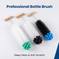 Ensemble de brosses de nettoyage de bouteilles à long manche en bois avec poignée en T, sans angle mort, avec poils en nylon et embout éponge, pour la maison, les cafés et les articles de boisson