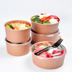Caja de embalaje de comida con impresión personalizada, contenedor desechable de recuerdo de fiesta, cuencos de ensalada, Bol de Papel Kraft con tapa