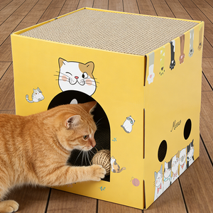 Cama Grande para Gatos de Cartón Corrugado, Casa de Cartón con Diseño de Dibujos Animados para Gatos Gruesos, Refugio Espacioso y Cerrado - Product Image 1