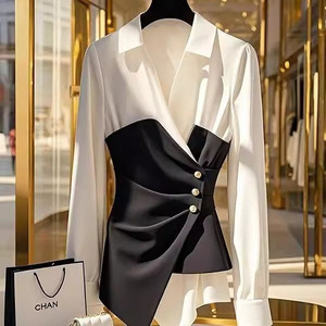 Black and White Contrasting Color <b>Shirt</b>, High-end Women's Clothing, Slanted Button Pleated Top Fashion - Product Image 6
