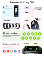 Reloj Inteligente Deportivo AMOLED C80, Pantalla Táctil Completa de 1.1 Pulgadas, Frecuencia Cardíaca, Presión Arterial, Oxígeno, IP67, Monitor de Actividad Física, Correa de Reloj Inteligente