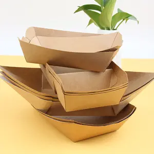 Nampan makanan mudah terurai baki makanan kotak kertas Kraft nampan berbentuk kapal goreng Sushi Sandwich