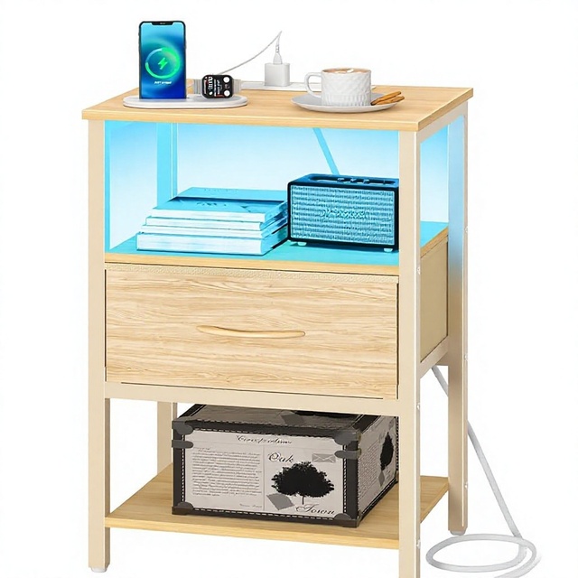 Nightstand Table with Adjustable Fabric Drawer USB Port Outlet LED Charging Station for Bedroom & Living Room Furniture