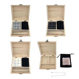 Lower Moq Whiskey Chilling Ice Cube Rack Stones Wooden Gift Wood Box Set Granite Whisky Cooling Stone With Velvet Bag Set