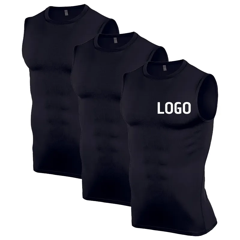 Camisa sem mangas para compressão masculina, alta qualidade, base de compressão, secagem rápida, esportiva, academia, sob a camisa preta
