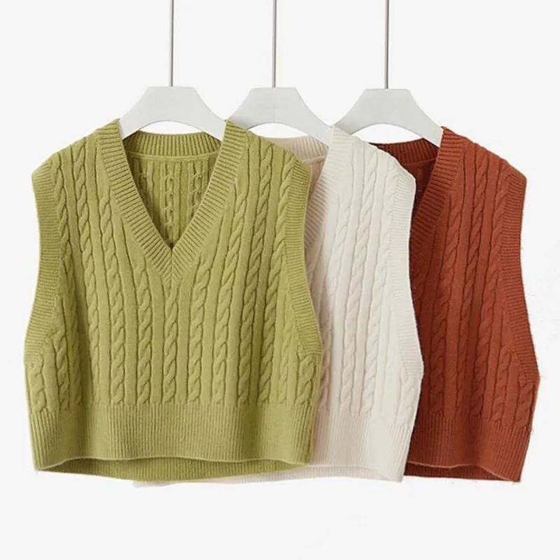 Chaleco de punto para mujer, suéter corto suelto de otoño e invierno, jersey para mujer, Tops, chaleco escolar para niñas, prendas de vestir exteriores para mujer