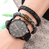 Reloj de Pulsera de Cuarzo de Lujo para Hombre, Deportivo, Casual, 3 Piezas/Set, con Brazalete, Joyería de Moda para Negocios, Regalo, Caja de Aleación, Correa de Cuero y Cristal