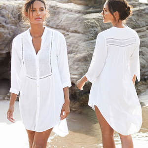 رايون أبيض مريح بأزرار رقبة على شكل حرف V قميص نسائي كاجوال فستان من 3 قطع طقم شاطئ غطاء فستان سباحة - Product Image 1