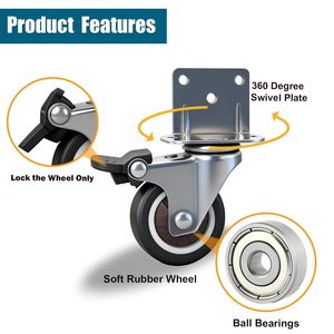 Modern Side Mount L-Shaped <strong>Casters</strong> 2 Inch Rubber Swivel Brake Heavy Duty Metal 450 Lbs Load Living Room Furniture Cabinets - Product Image 3