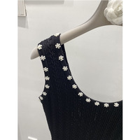 Robe longue en tricot sans manches pour femme avec perles et poches - Robe longue décontractée élégante à volants en tricot torsadé pour l'été