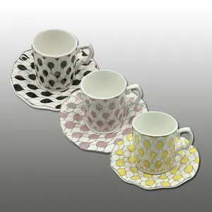 6件套花式欧式印花设计陶瓷精品瓷骨瓷器咖啡杯和茶碟套装，配有贴花