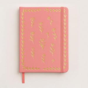 Coral Pink Flower 160gsm PU Leather <b>Journal</b> Gold Foil Hardcover A5 Notebook with Double Ribbon Gift Sewing Binding - Product Image 1