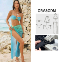 Ensemble bikini 3 pièces pour femme, style halter, avec décorations métalliques coquillage inspirées des huîtres, maillot de bain à fines bretelles et jupe paréo transparente pour la plage