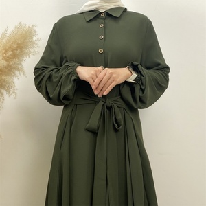 6771# New Bubble Chiffon Dress Shirt Collar Half Front Buttons Belt Sew With Side Together Side Pockets Fashion Eid Abaya Dress - Product Image 2