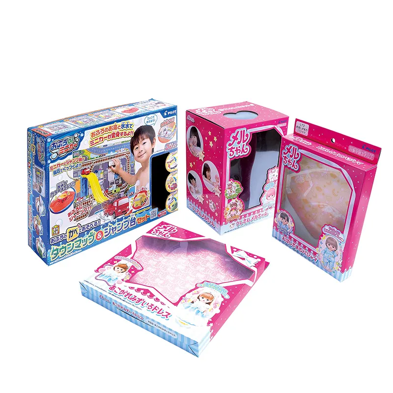 Caja de embalaje de papel de regalo de muñeca de juguete impresa con logotipo personalizado con ventana de PVC de plástico transparente