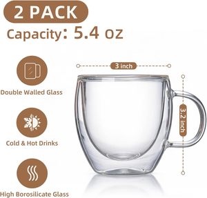 Mug en verre isolé transparent de 150 ml (5 oz) à double paroi, avec poignée, pour latte, expresso, café, thé, directement de l'usine - Product Image 2