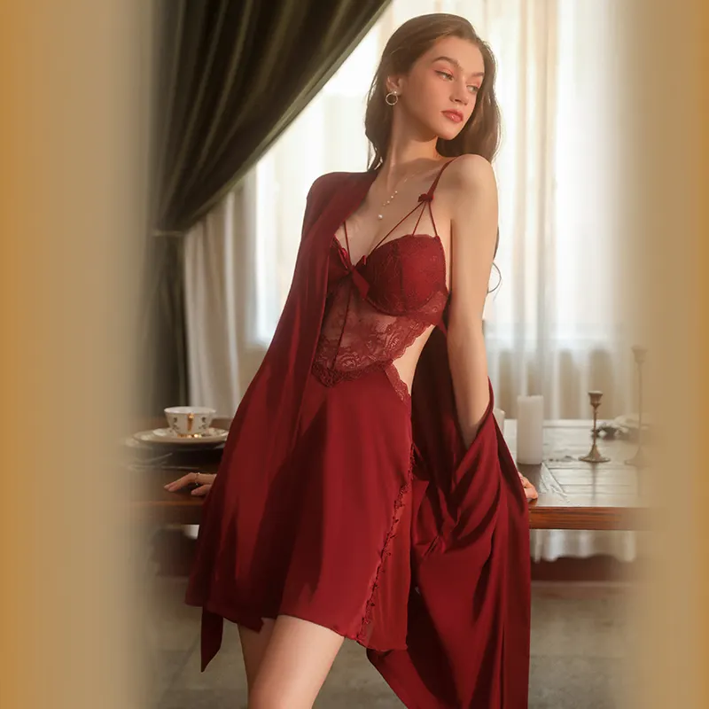 hot French romantic lace silk satin night gown and robe pajamas set women's sleepwear GR2044