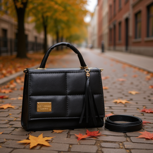 Sac messager Fana minimaliste en cuir véritable noir avec pompon, style bandoulière pour femme, automne-hiver, usage quotidien - Product Image 2