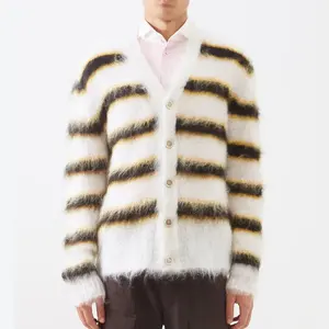 2024 Supplier Custom Made Men Fuzzy Knitwear Long Sleeve Winter Knit White Striped Furry Cardigan Sweater Men
