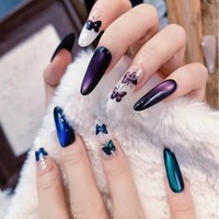 Faux ongles à presser effet œil de chat papillon, longs, forme amande, couvrance totale, peints à la main, pour femmes, idéaux pour les fêtes