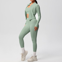Conjunto Deportivo de Yoga de 3 Piezas para Mujer, Chaqueta Corta con Cierre, Sujetador Deportivo y Leggings de Cintura Alta, Ropa Deportiva con Logotipo Personalizado