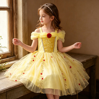Robe de princesse jaune en maille pour filles, robe de danse à fleurs, bretelles spaghetti, robe de ballerine dorée pour anniversaire, fête, mariage, vacances