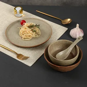 Vente en gros de bol coréen en pierre, vaisselle de cuisine émaillée mouchetée, bol rond de service pour soupe ramen et nouilles, bols en céramique