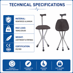 Canne pliante légère et réglable, télescopique, 3 pieds, portable, antidérapante, en caoutchouc, avec siège, canne <span class=keywords><strong>de</strong></span> marche pliable - Product Image 3