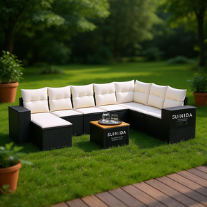 Ensemble de canapés de jardin Suiniida, noir et crème, en rotin, mobilier d'extérieur, design contemporain, résistant aux UV, en PE tissé avec coussins - Product Image 2