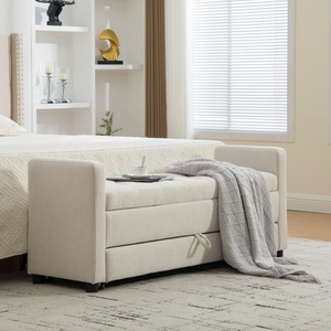 Banc de rangement moderne et durable, rembourré, double espace de rangement, en tissu moelleux, repose-pieds de chambre, accoudoirs roulés, beige, facile à assembler - Product Image 1