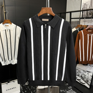 <span class=keywords><strong>Pull</strong></span> tricoté à <span class=keywords><strong>col</strong></span> polo rayé, demi-zip, manches longues, style « old money » pour <span class=keywords><strong>homme</strong></span>, vente en gros directe usine transfrontalière - Product Image 3