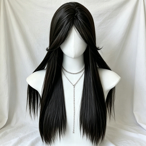 Perruque pour femmes à cheveux longs, avec <span class=keywords><strong>frange</strong></span> en forme de huit, noire, lisse, semi-nouée à la main, avec racine des cheveux naturelle, densité 150%, couvrante et naturelle - Product Image 1