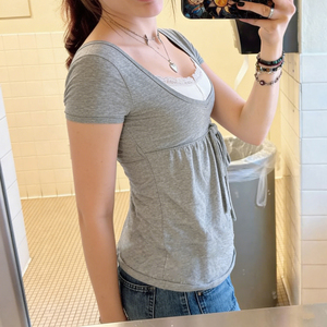 Wholesale Y2K Women Square Neck Lace <b>Patchwork</b> Lace Up T <b>Shirt</b> Cute Short Sleeve Summer Top - Product Image 4