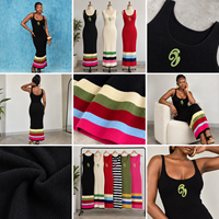 Robe longue sans manches en maille côtelée pour femme, personnalisable OEM/ODM, avec ourlet à rayures contrastées, logo personnalisé, vente en gros