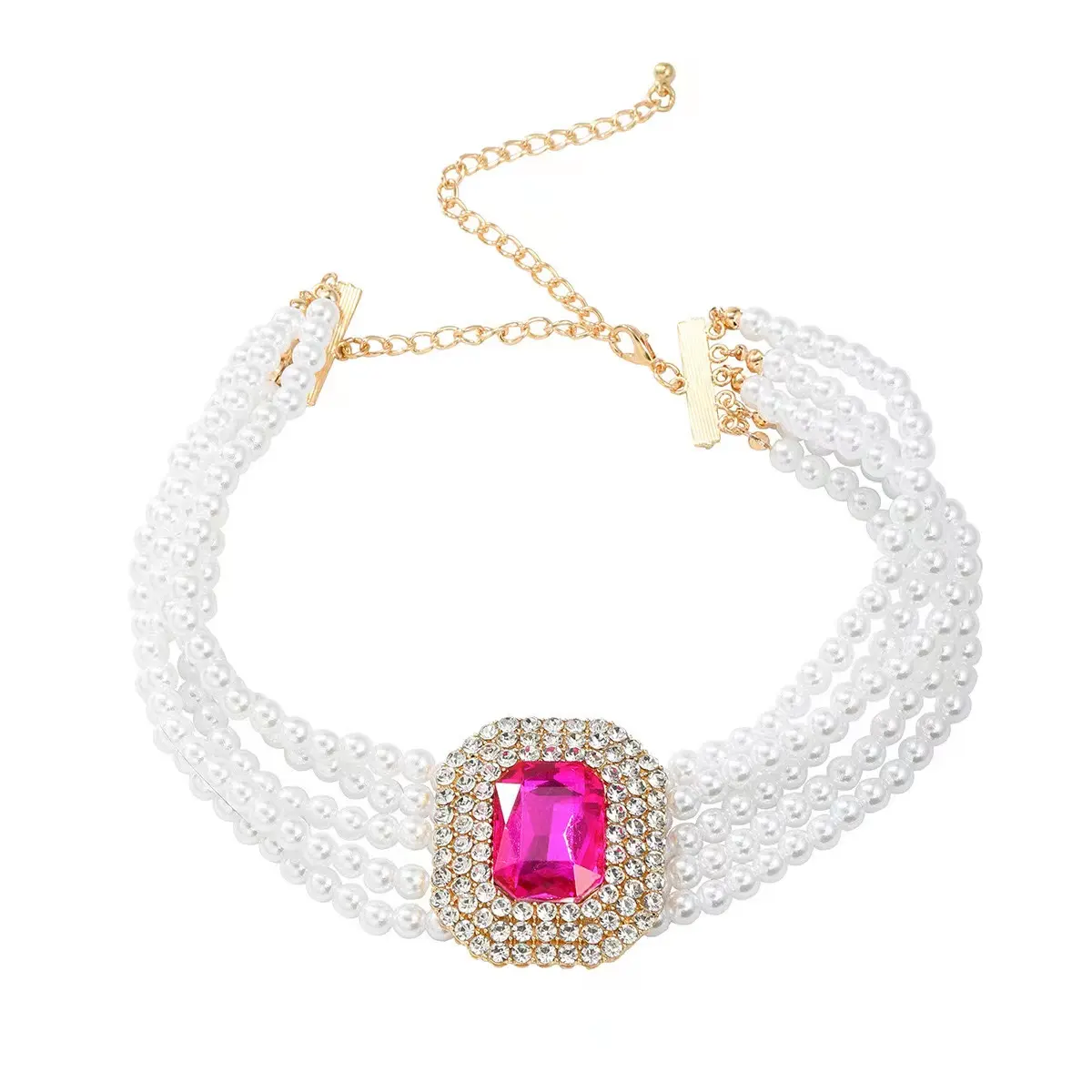 Nueva joyería de moda, collar de Gargantilla de piedras preciosas de perlas multicapa, colgante de diamante de cristal, collar de rubí de cristal nupcial para boda