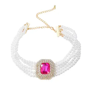 New Fashion Jewelry Multi-layer Pearl Gemstone Choker Necklace Glass Diamond Pendant Wedding Bridal Crystal Ruby Necklace