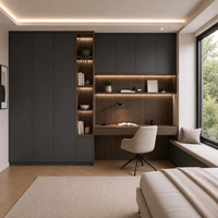 Armoires de bureau gris anthracite avec bureau ton noyer, étagères lumineuses et zone de travail compacte