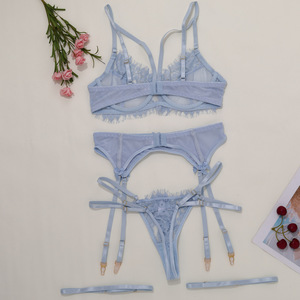 Conjunto de Lencería Sexy para Mujer, 3 Piezas, con Encaje Floral, Tela Transparente, Sujetador, Liguero y Tanga, Ropa Interior Íntima para Dama - Product Image 6
