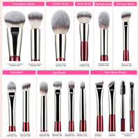 Ensemble de pinceaux de maquillage vegan à manche en bois rouge bordeaux de luxe, 15 pièces, personnalisable, pour fond de teint, poudre et blush, marque privée