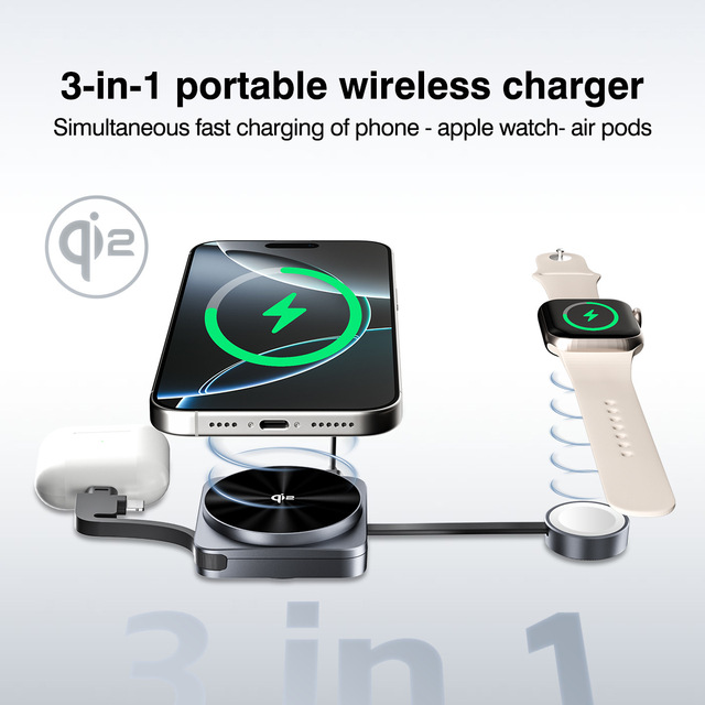 Desktop Three-in-One Wireless Charger with Magnetic Suction for Mobile Phone Watch Earphone-Model N7 OLIVER Car Fitment