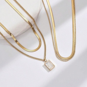 Collier double couche en acier inoxydable plaqué or, tendance rétro, avec grand pendentif en pierre précieuse, luxe léger, pour femme - Vente chaude - Product Image 4