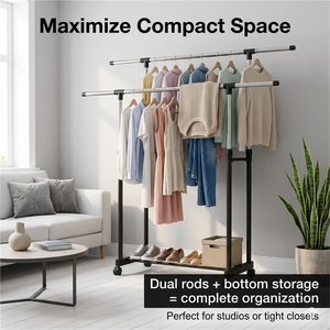 Stainless Steel Height Adjustable Clothes Rack Double Pole Clothes Organizer Floor Stand Lifting Cloth Rack with 4 Wheels - Product Image 4