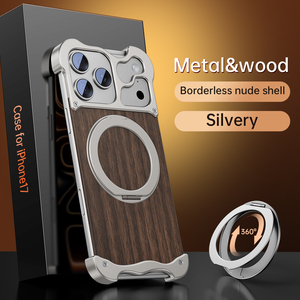 <span class=keywords><strong>Funda</strong></span> Metálica Premium de Madera y Aleación de Aluminio Hueca, sin Marco, Resistente a Golpes <span class=keywords><strong>para</strong></span> <span class=keywords><strong>iPhone</strong></span> 15 16 17 Pro Max con Soporte Magnético Giratorio - Product Image 6