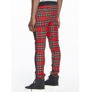 Pantalon de jogging sport pour homme, coupe slim, à carreaux rouges, avec fermeture éclair à la cheville et bande latérale, vente en gros - Product Image 4