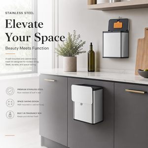 Modern Square Stainless Steel <b>Kitchen</b> Garbage Bin Press Open Cover <b>Cabinet</b> Door <b>Wall</b> <b>Mount</b> Hanging Space Saving Manual Waste - Product Image 3
