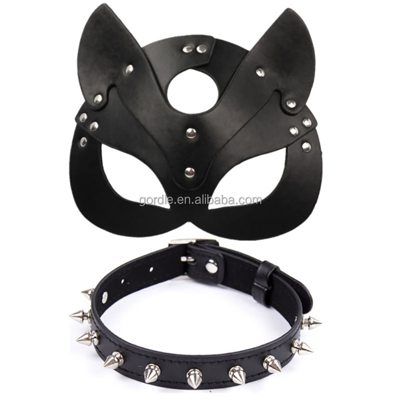 Porn Fetish Head Mask Collar BDSM Bondage Restraints PU Leather Cat Halloween Mask Roleplay Sex Toy For Men Women Cosplay Games