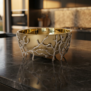 Bol décoratif doré avec motif corail découpé, en métal fait main, centre de table glamour pour la décoration de table - Product Image 2