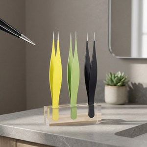 Pince à épiler professionnelle en acier inoxydable courbée, faite à la main, anti-statique, légère et durable, à pointe inclinée pour sourcils et poils incarnés - Product Image 3