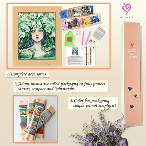 Kit de Peinture Diamant Portrait Femme avec Feuilles Vertes, Perles Rondes, Kit d'Art DIY, Cadre Rectangulaire, Décoration Moderne en Strass de Cristal - Product Image 3